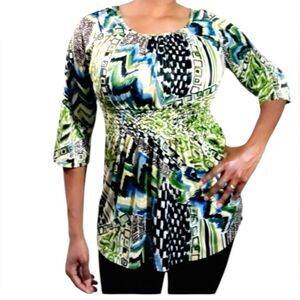 TARA RYAN SMOCK Large Green Black Blue Print Elastic belt style waist